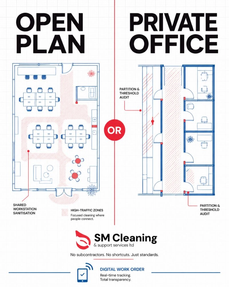 Illustrated comparison of an open-plan office and private offices, showing shared workstation sanitisation, high-traffic cleaning zones, partition audits and digital work-order tracking by SM Cleaning.